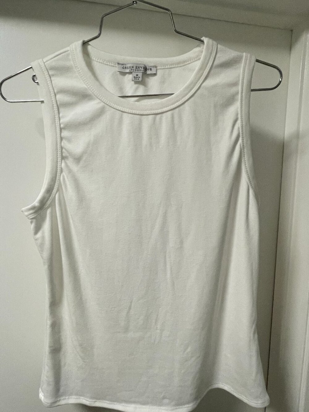 Green Envelope Sleeveless, high-neck Tank Top – White. Medium.
